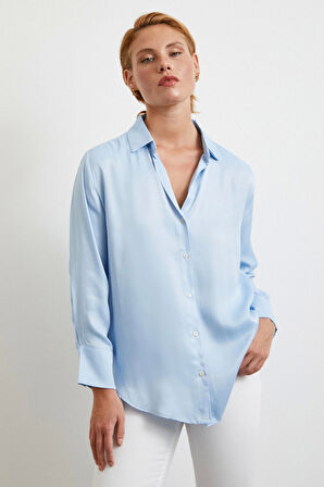 Viskon Saten Gömlek Mavi