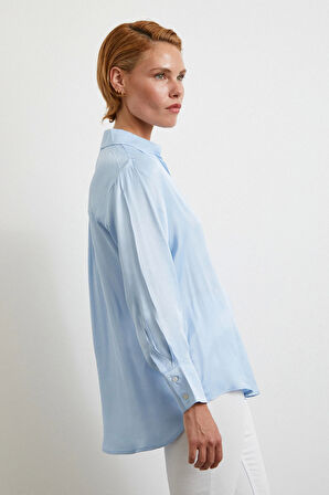 Viskon Saten Gömlek Mavi