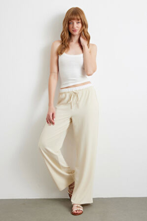 Bel Bantlı Wide Leg Pantolon Krem