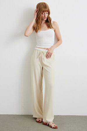 Bel Bantlı Wide Leg Pantolon Krem