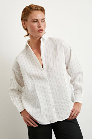 Pamuklu Çizgili Gömlek Beyaz