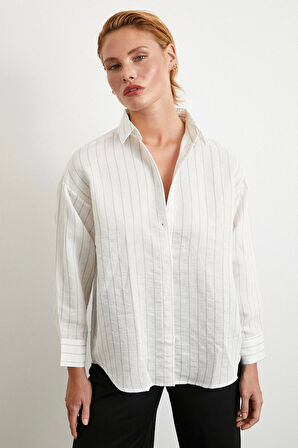 Pamuklu Çizgili Gömlek Beyaz