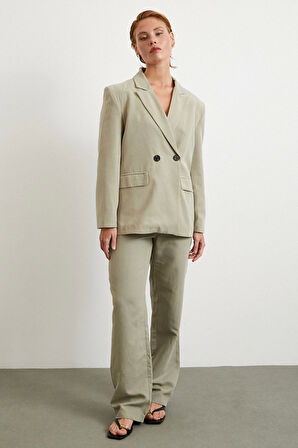 Çift Düğmeli Keten Blazer Ceket Gri