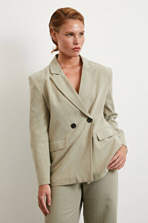 Çift Düğmeli Keten Blazer Ceket Gri