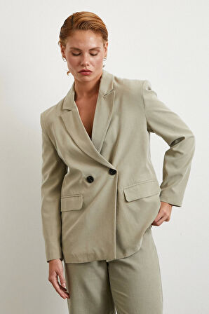 Çift Düğmeli Keten Blazer Ceket Gri