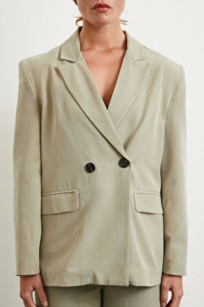 Çift Düğmeli Keten Blazer Ceket Gri