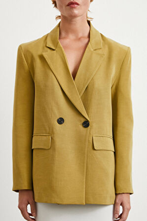 Çift Düğmeli Keten Blazer Ceket Olive