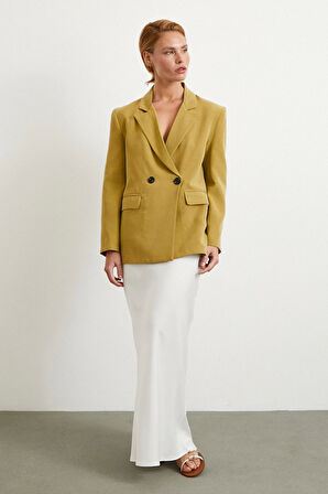 Çift Düğmeli Keten Blazer Ceket Olive