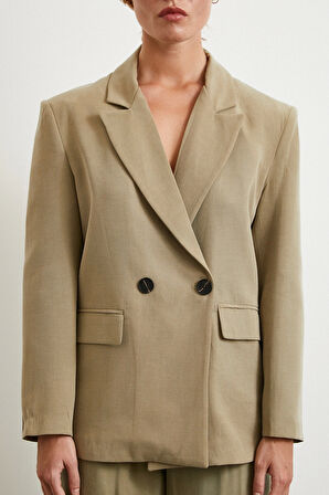 Çift Düğmeli Keten Blazer Ceket Haki
