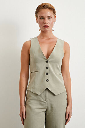 Cep Kapaklı Keten Yelek Gri