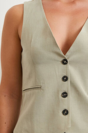 Cep Kapaklı Keten Yelek Gri