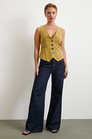 Cep Kapaklı Keten Yelek Olive