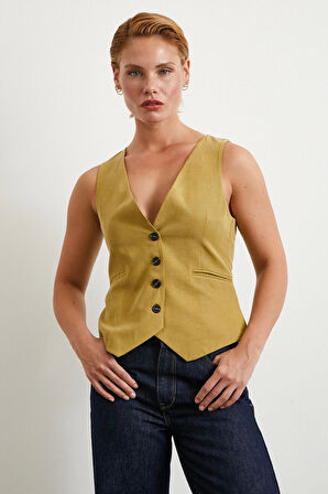 Cep Kapaklı Keten Yelek Olive