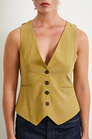 Cep Kapaklı Keten Yelek Olive