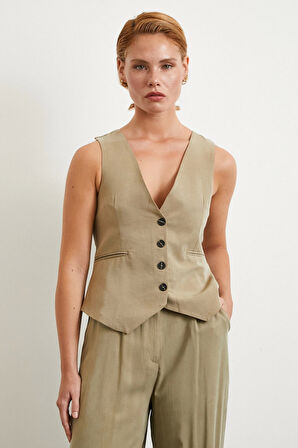 Cep Kapaklı Keten Yelek Haki