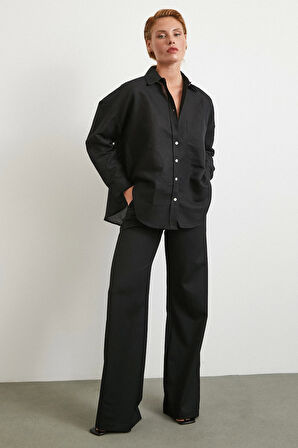 Cepli Oversize Keten Gömlek Siyah