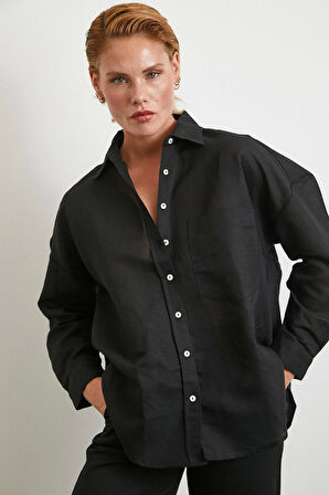 Cepli Oversize Keten Gömlek Siyah
