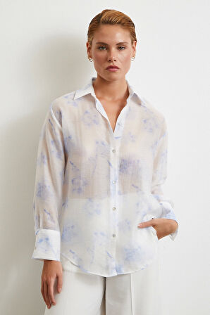 Organze Desenli Tül Gömlek Mavi