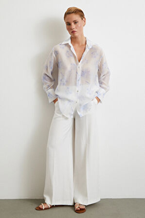 Organze Desenli Tül Gömlek Mavi