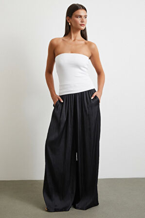 Beli Lastikli Geniş Paça Büzgülü Pantolon Siyah