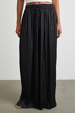 Beli Lastikli Geniş Paça Büzgülü Pantolon Siyah