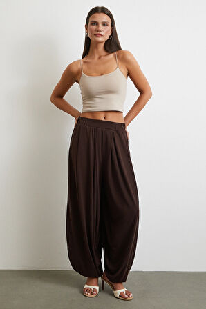 Paça Detaylı Şalvar Pantolon Kahve
