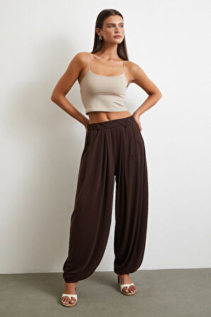 Paça Detaylı Şalvar Pantolon Kahve