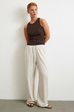 Beli Lastikli Boru Paça Pantolon Bej