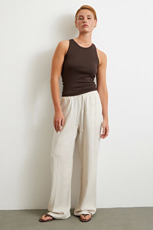 Beli Lastikli Boru Paça Pantolon Bej