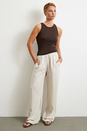 Beli Lastikli Boru Paça Pantolon Bej