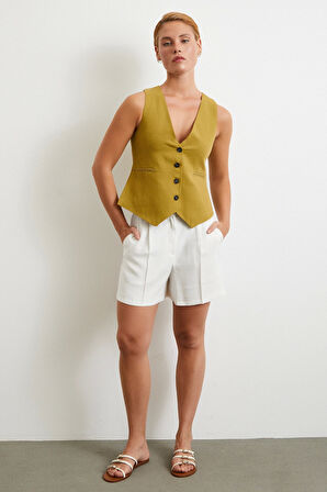 Piliseli Cepli Şort Ekru