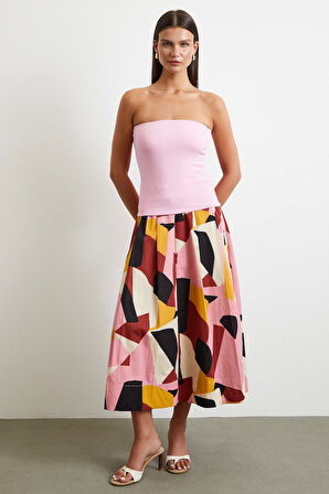 Desenli Midi Etek Pembe