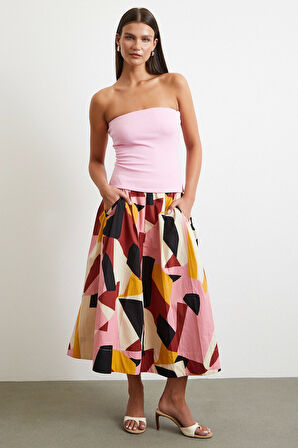 Desenli Midi Etek Pembe
