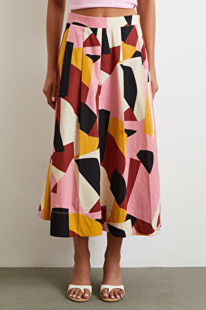 Desenli Midi Etek Pembe