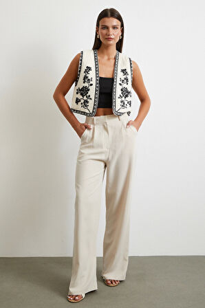 Nakışlı Oversize Yelek Krem