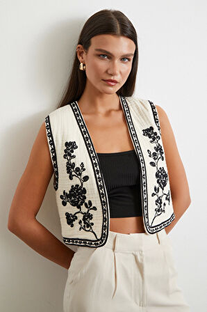 Nakışlı Oversize Yelek Krem