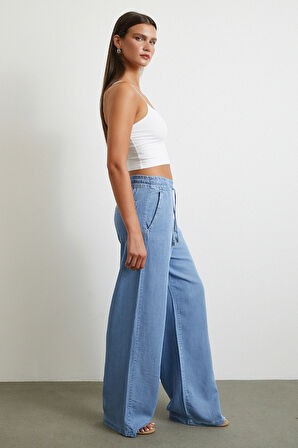 Beli Lastikli Bağcıklı Geniş Paça Pantolon Mavi