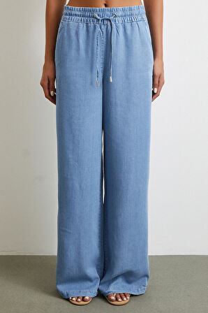 Beli Lastikli Bağcıklı Geniş Paça Pantolon Mavi