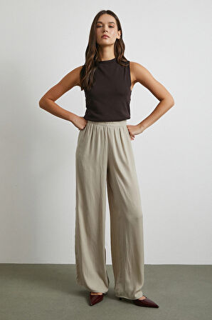 Beli Lastikli Dökümlü Geniş Paça Pantolon Taş