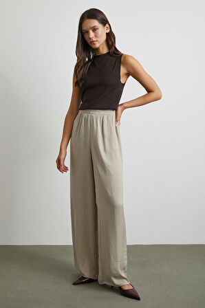 Beli Lastikli Dökümlü Geniş Paça Pantolon Taş