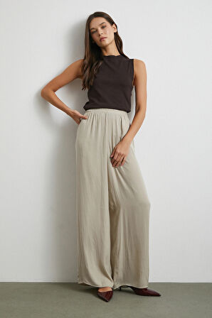 Beli Lastikli Dökümlü Geniş Paça Pantolon Taş