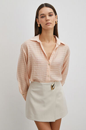 Kabartma Çizgili Gömlek Pudra