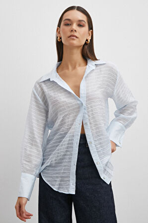 Kabartma Çizgili Gömlek Mavi