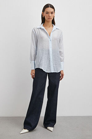 Kabartma Çizgili Gömlek Mavi