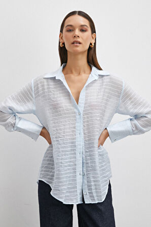 Kabartma Çizgili Gömlek Mavi