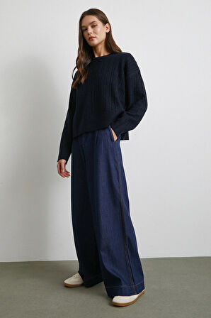 Yüksek Bel Geniş Paça Jean Lacivert