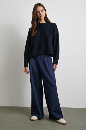 Yüksek Bel Geniş Paça Jean Lacivert