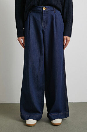 Yüksek Bel Geniş Paça Jean Lacivert