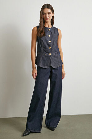 Bisiklet Yaka Metal Düğmeli Denim Yelek Lacivert