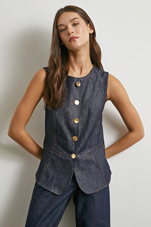 Bisiklet Yaka Metal Düğmeli Denim Yelek Lacivert